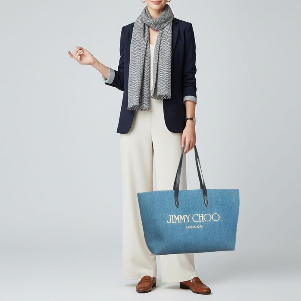 Jimmy Choo Logo Blue Denim And Leather Shopper Tote - Picture 2 of 7
